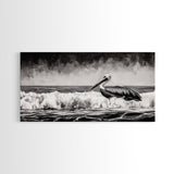Pelican, coastal wall art, nautical painting, black and white art, seascape painting, ocean bird, Framed Canvas Print, beach decor