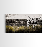Longhorn Cattle, rustic wall art, farmhouse art, black cowgirl painting, extra wide art, framed canvas print, panoramic painting