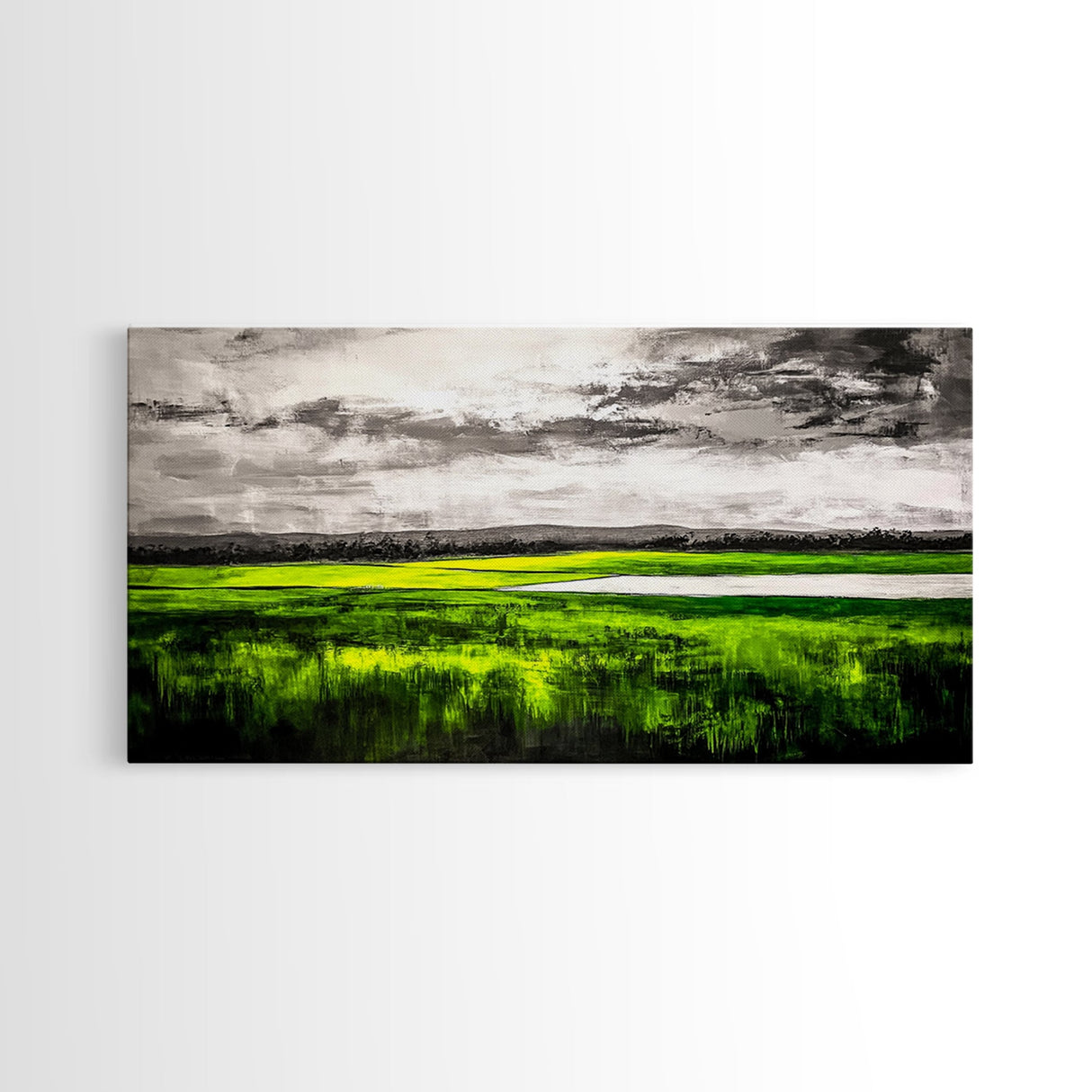 Marsh Landscape Painting, Green Wall Art, Nature Artwork, Panoramic Art, Extra Wide Art, Framed Canvas Print, Rustic Home Decor