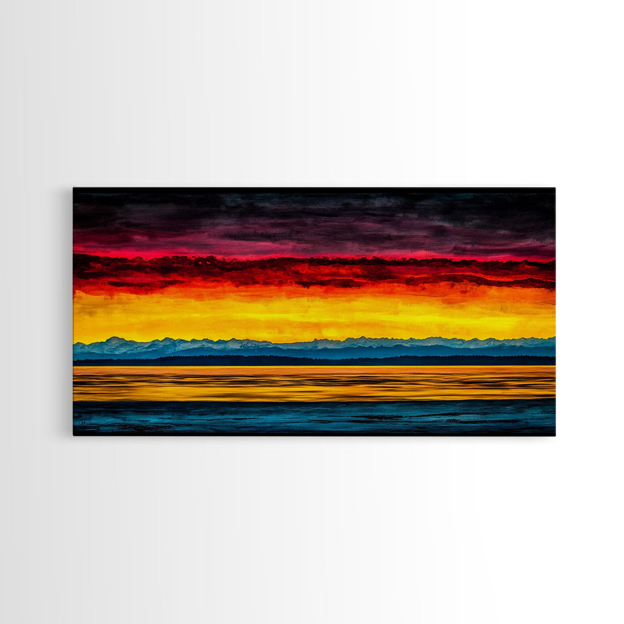 Sunset Over Water, Colorful Horizon Painting, Coastal Wall Art, Extra Wide Art, Framed Canvas Print, Above Sofa Art, Ocean Lover Gift