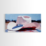 Cowboy hat, western art, farmhouse art, framed canvas print, rustic wall art, gift idea, wabi sabi art, pink abstract art, lofi art