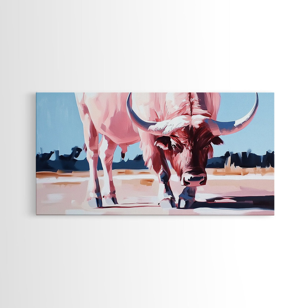 Texas Longhorn, rustic decor, bull and bear art, southwest wall art, pink orange wall art, extra wide art, framed canvas print