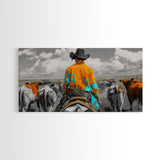 Western Cowboy Herding Canvas Print Rustic Wall Art Southwest Wall Art Black Cowgirl Painting Farmhouse Art Extra Wide Panoramic Art