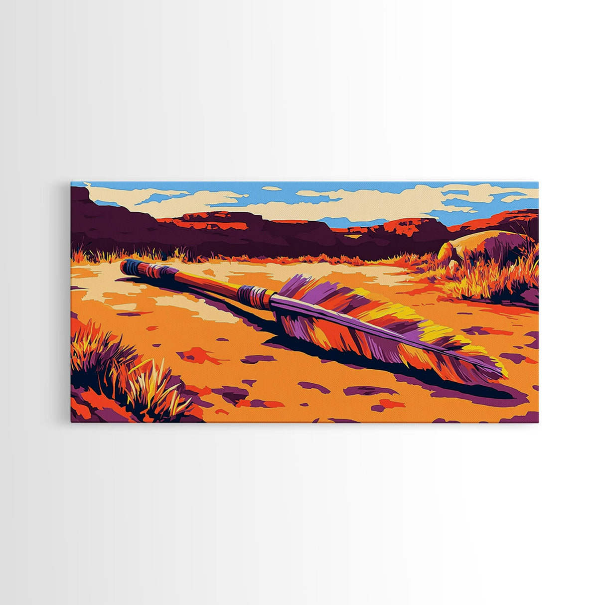 Fallen Arrow, rustic wall art, cowboy painting, southwest wall art, desert landscape, panoramic art, Framed Canvas Print, farmhouse decor, bold