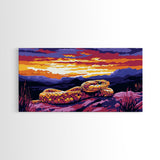 Rattlesnake Sunset, wildlife painting, southwest wall art, mountain painting, rustic decor, panoramic art, Framed Canvas Print, farmhouse art