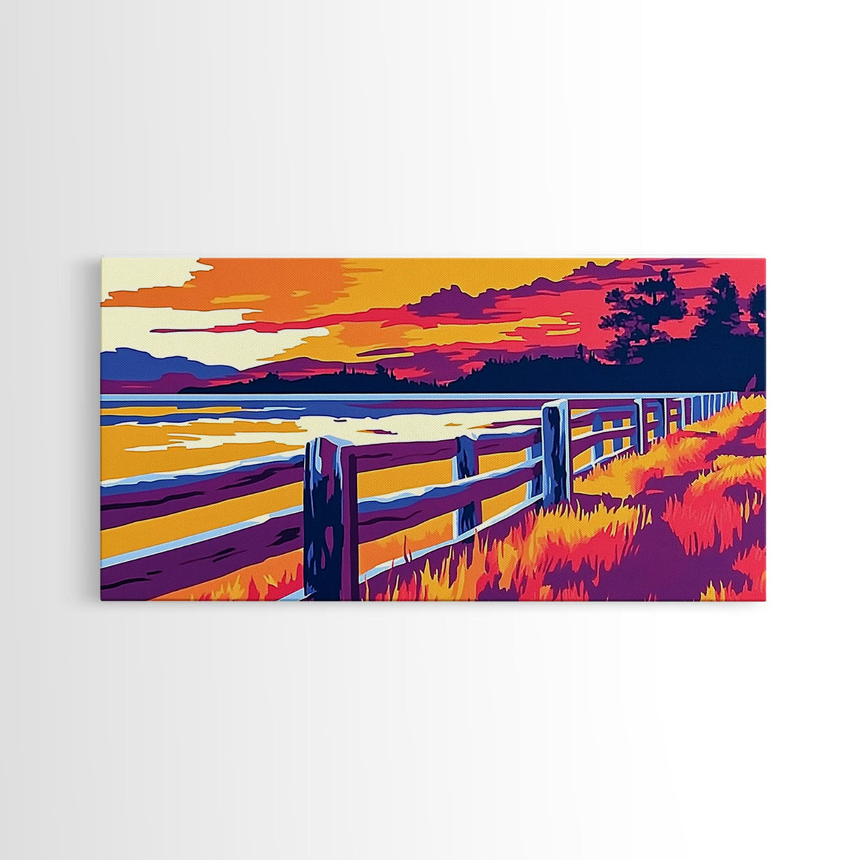 Western Fence, rustic wall art, landscape painting, panoramic art, extra wide art, farmhouse decor, scenic art, Framed Canvas Print, gift idea