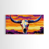 Skull, bull, desert art, cowboy decor, boho wall art, moody sunset, extra wide art, rustic decor, framed canvas print