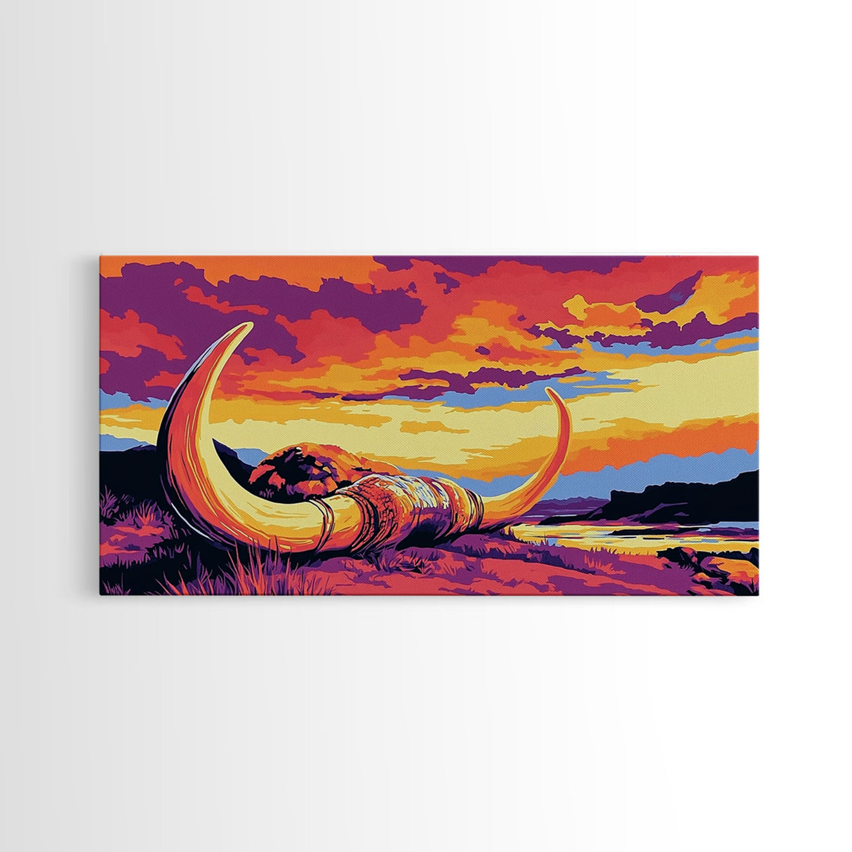 Longhorn, skull, desert scene, rustic cow skull, western wall art, fall decor, extra wide art, cowboy aesthetic, framed canvas print