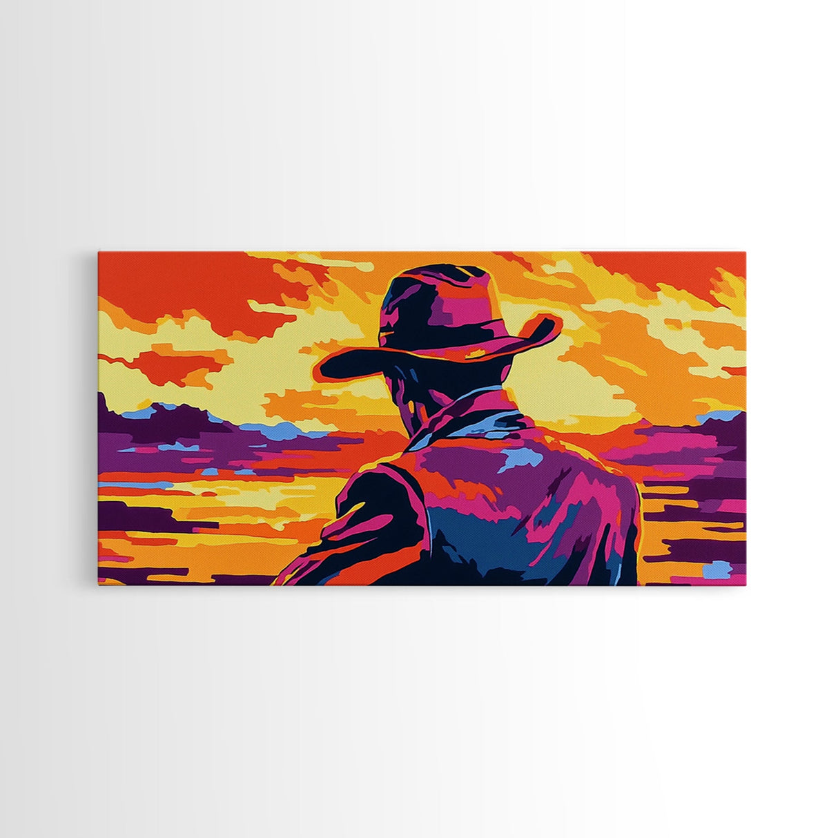 Cowboy, western silhouette, sunset art, ranch aesthetic, moody wall art, bold colors, extra wide art, rustic decor, framed canvas print