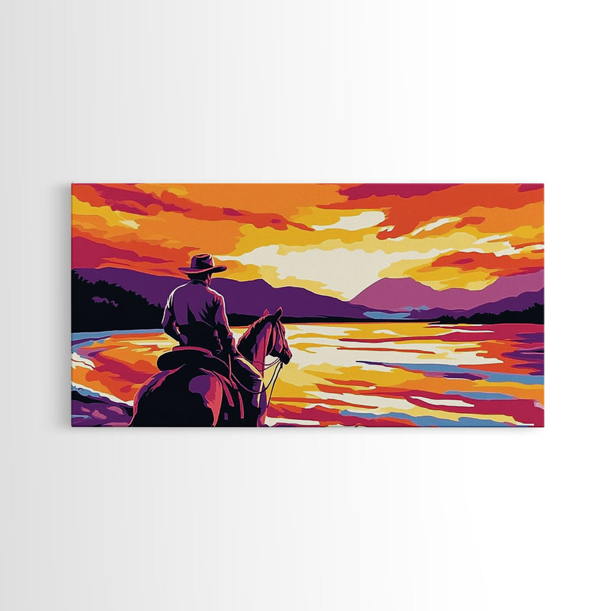 Cowboy on horseback, western silhouette, river sunset, rustic art, moody landscape, extra wide painting, vintage western, framed canvas print