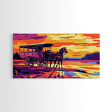 Horse carriage, old west, sunset scene, rustic western art, nostalgic painting, moody colors, extra wide wall art, canvas print