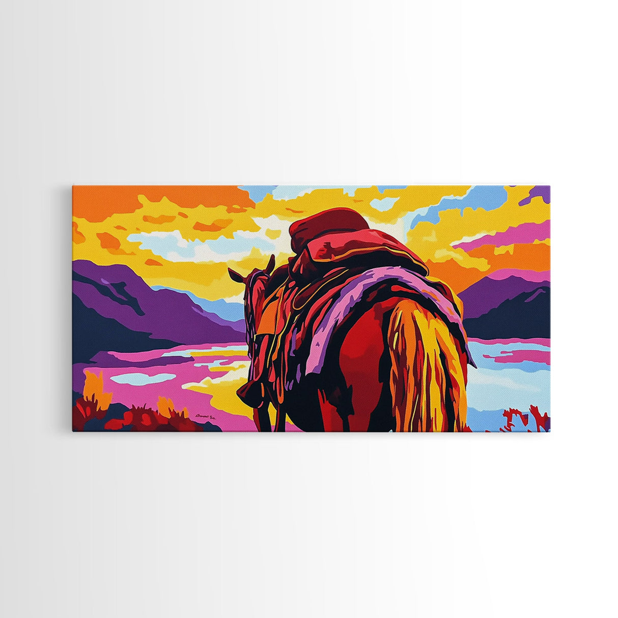 Pack horse, rugged adventure, cowboy aesthetic, mountain sunset, rustic decor, extra wide art, nostalgic western, framed canvas print