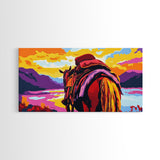 Pack horse, rugged adventure, cowboy aesthetic, mountain sunset, rustic decor, extra wide art, nostalgic western, framed canvas print