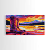 Cowboy boots, lake sunset, mountain painting, rustic western art, farmhouse decor, vibrant colors, extra wide art, canvas print