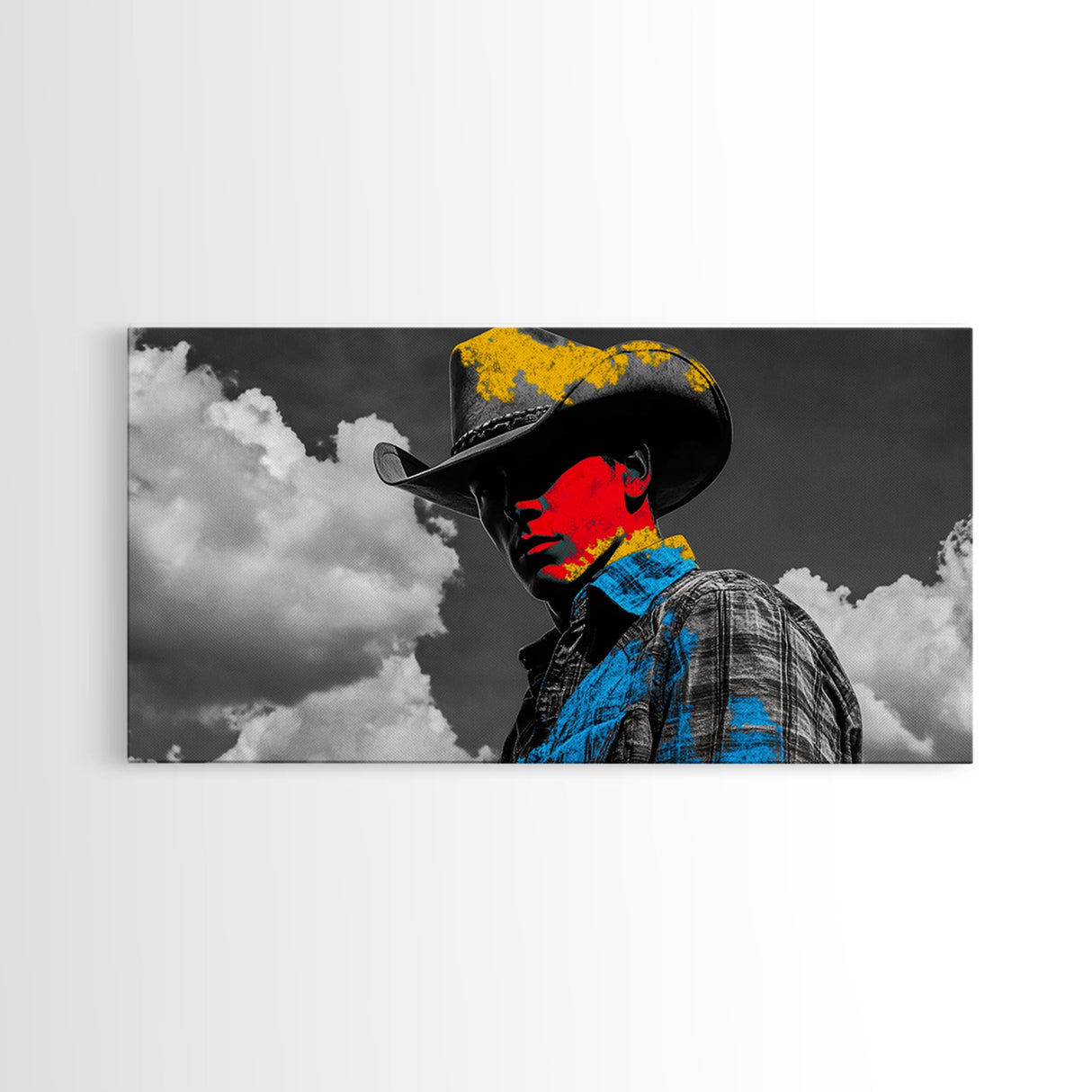 Western Cowboy Portrait Canvas Print Rustic Decor Southwest Wall Art Black Cowgirl Painting Farmhouse Art Extra Wide Horizontal Art