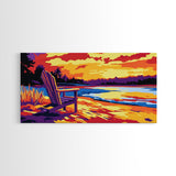 Adirondack chair, lake view, relaxing sunset, cabin art, rustic landscape, extra wide art, nature lover decor, canvas print