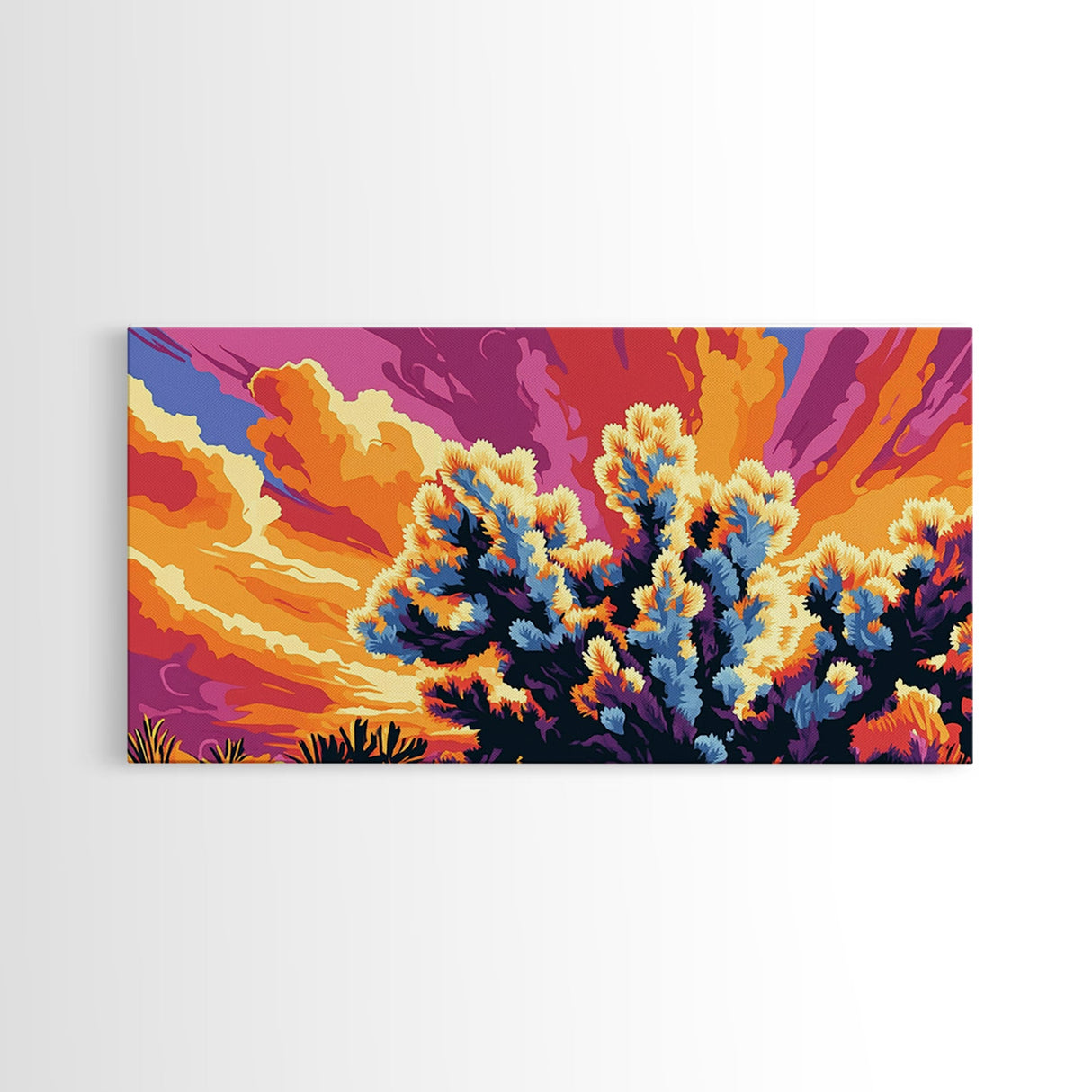Joshua Tree, desert landscape, sunset art, boho decor, southwest wall art, extra wide art, framed canvas print, panoramic painting