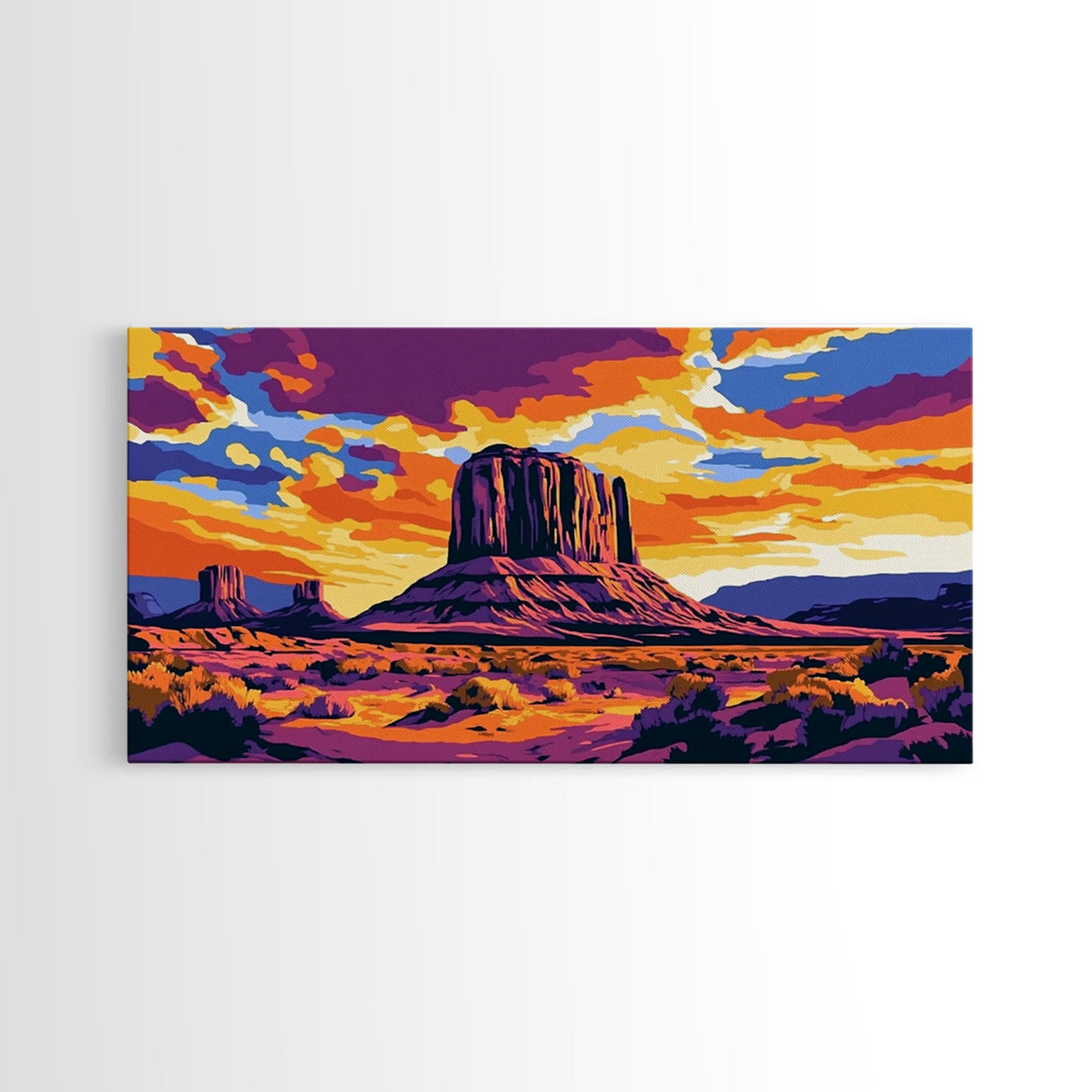 Monument Valley, desert painting, southwest wall art, mountain painting, boho art, panoramic art, Canvas Print, rustic wall art, cowboy gift
