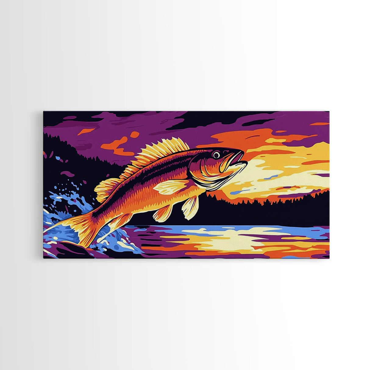 Jumping Bass, Fly Fishing Art, Rustic Decor, Horizontal Wall Art, Landscape Painting, Framed Canvas Print, Above Couch Art, Nautical Decor