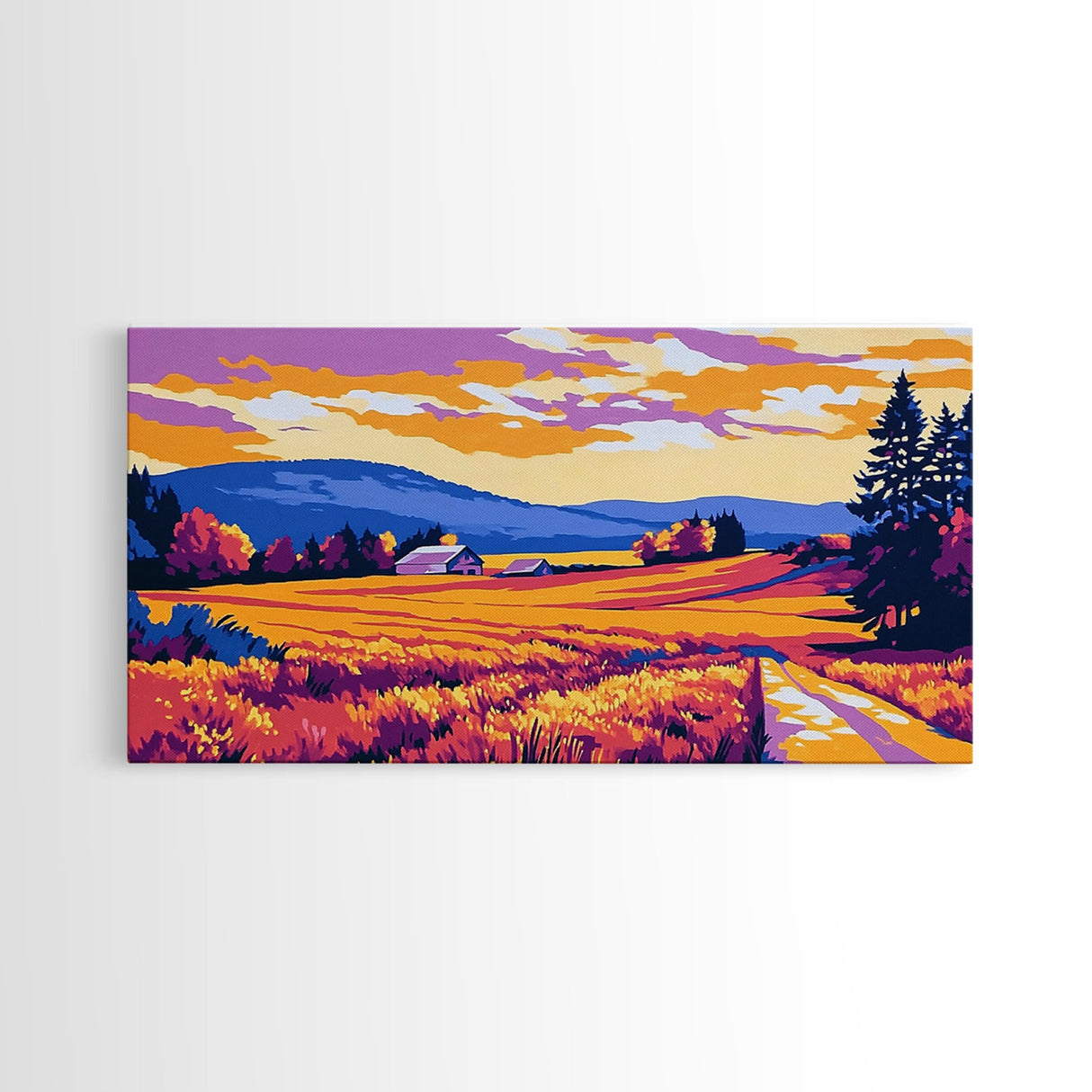 Mountain Landscape Art, pink orange wall art, sunset painting, extra wide art, panoramic art, landscape painting, canvas print