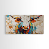 Vibrant Bull Art, rustic decor, extra wide art, farmhouse art, bold color wall art, southwestern painting, framed canvas print, modern rustic art