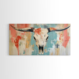 Longhorn Skull Art, southwest wall art, boho art, rustic decor, skull art, extra wide art, wabi sabi art, framed canvas print, farmhouse art