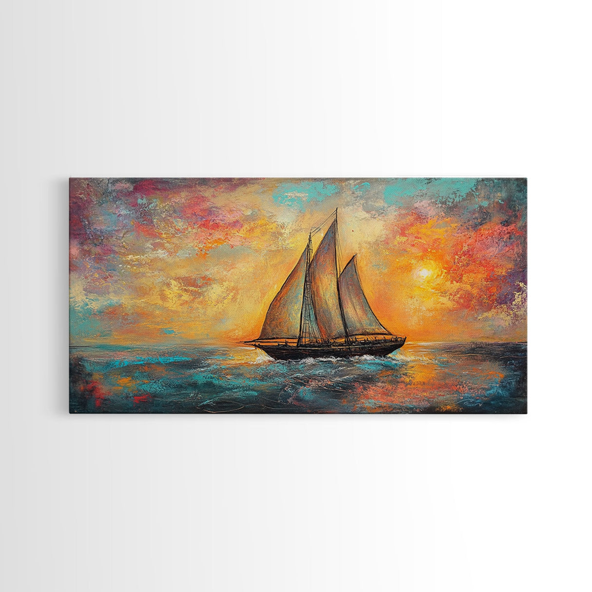 Sailboat at Sunset, nautical painting, coastal decor, seascape painting, beach house art, extra wide art, oil painting, canvas print