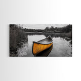 Rustic Canoe on Lake, coastal landscape art, lake Tahoe art, wabi sabi wall art, extra wide art, nautical decor, rustic art, Framed Canvas Print