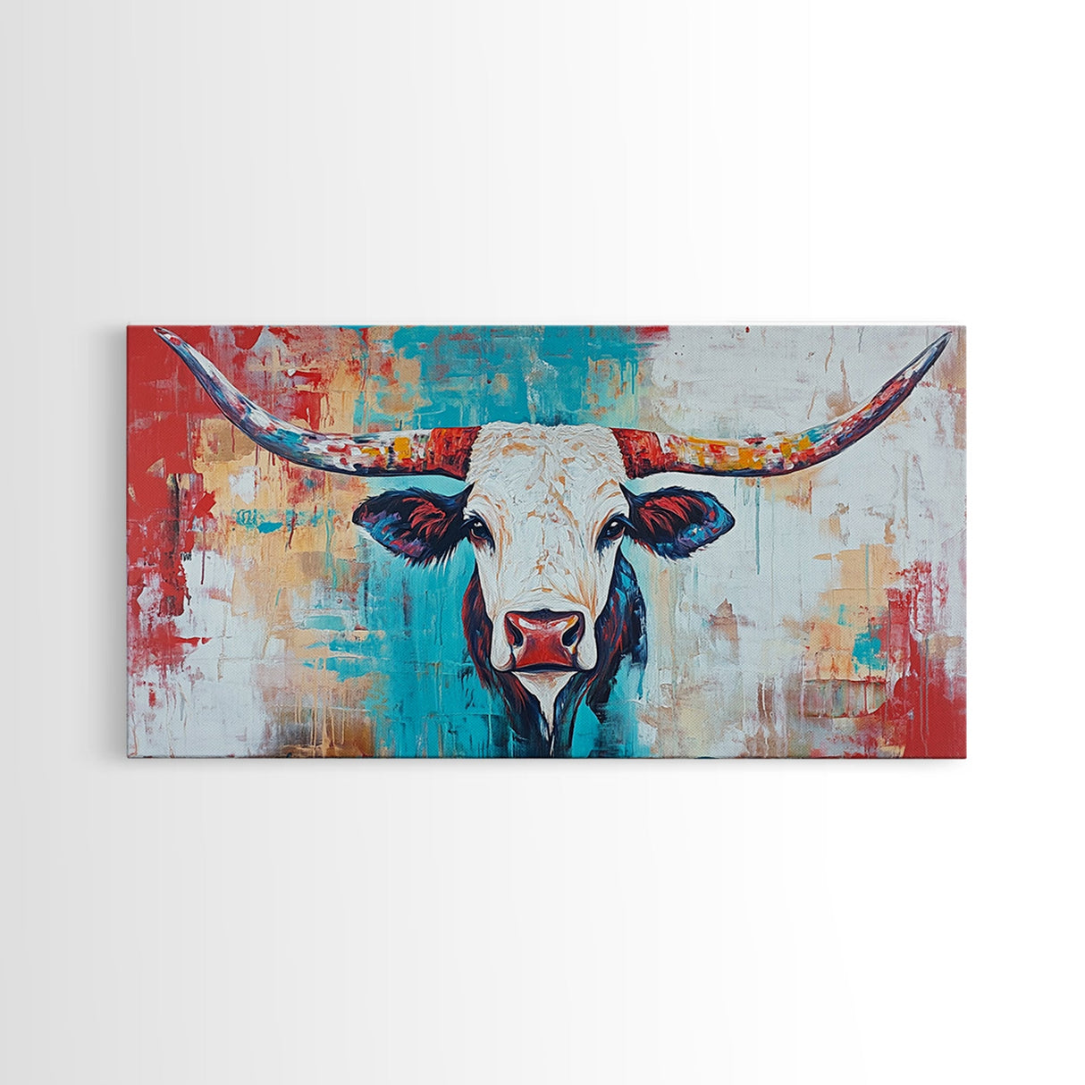Colorful Longhorn Art, rustic wall art, farmhouse art, southwest wall art, bold animal painting, extra wide art, canvas print, wabi sabi art