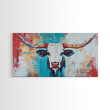 Colorful Longhorn Art, rustic wall art, farmhouse art, southwest wall art, bold animal painting, extra wide art, canvas print, wabi sabi art