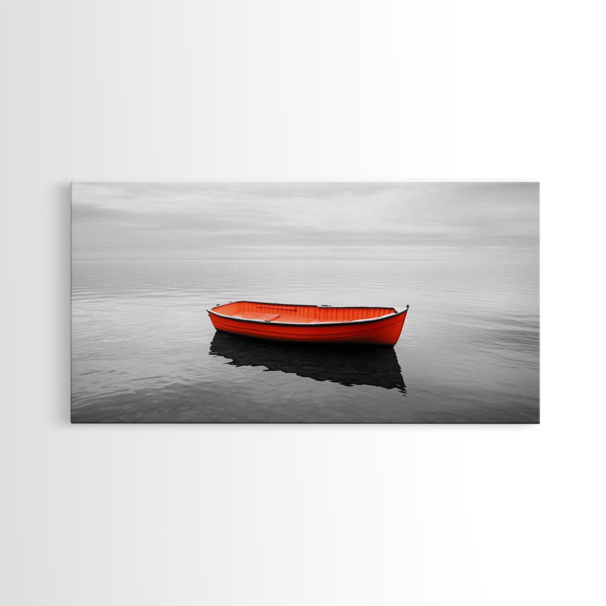 Lone Red Boat, coastal wall art, seascape painting, nautical decor, minimalist art, black and white photography, above couch art, Framed Canvas Print
