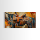 Western Saddle Art, Canvas Print, Rustic Decor, Moody Art, Southwest Wall Art, Extra Wide Art, Above Bed Wall Art, Farmhouse Wall Art