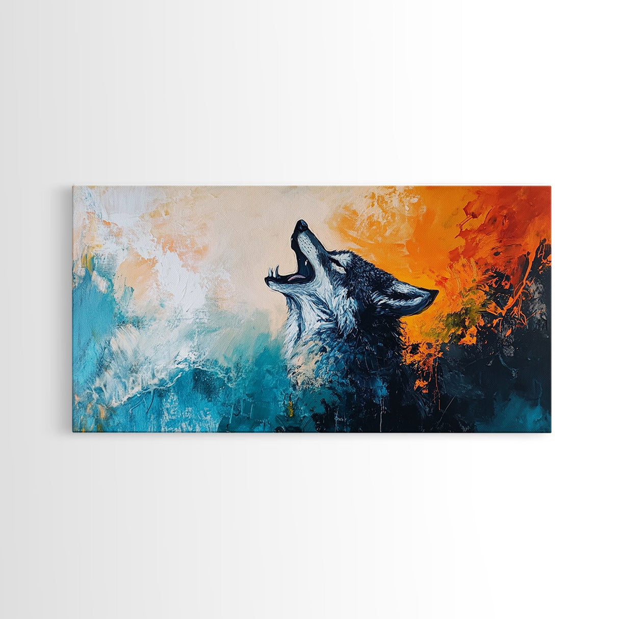 Howling Wolf Art, Framed Canvas Print, Southwest Wall Art, Moody Art, Rustic Decor, Extra Wide Art, Above Couch Art, Wildlife Painting