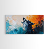 Howling Wolf Art, Framed Canvas Print, Southwest Wall Art, Moody Art, Rustic Decor, Extra Wide Art, Above Couch Art, Wildlife Painting