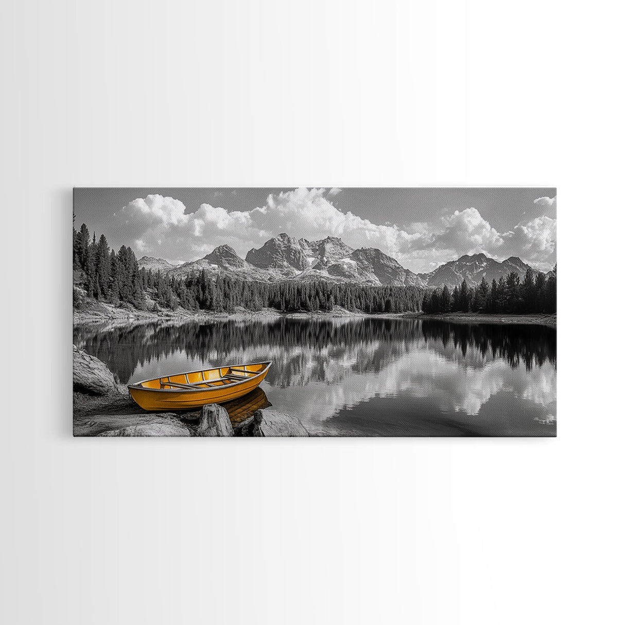 Mountain Lake with Boat, nautical wall art, lake Tahoe art, coastal decor, rustic wall art, extra wide art, seascape painting, Canvas Print