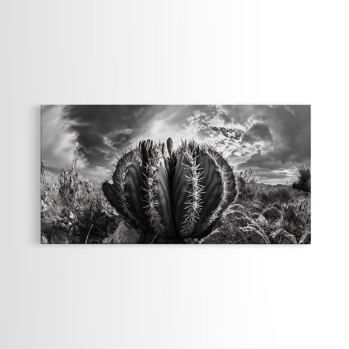 Desert Cactus, southwest wall art, Joshua tree art, rustic art, landscape painting, desert decor, panoramic art, Canvas Print