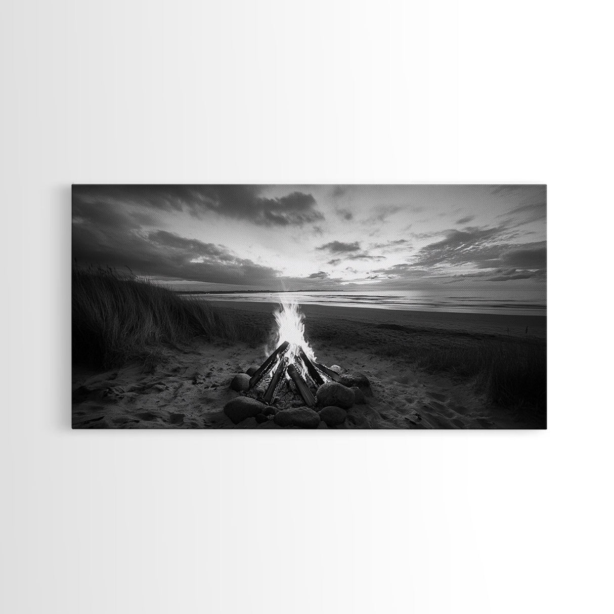 Bonfire on Beach, coastal decor, nautical painting, rustic art, beach sunset print, seascape painting, landscape painting, Framed Canvas Print