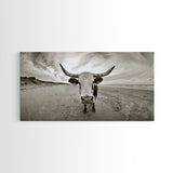 Longhorn, beach, western decor, rustic art, farmhouse art, extra wide art, above sofa art, panoramic painting, framed canvas print