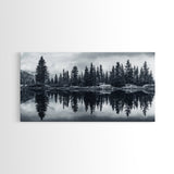 Pine tree reflection, moody art, mountain painting, pine tree art, rustic decor, panoramic art, extra wide art, framed canvas print