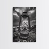 Stormy Lantern by the Sea, nautical decor, moody art, seascape painting, coastal painting, rustic wall art, framed canvas print