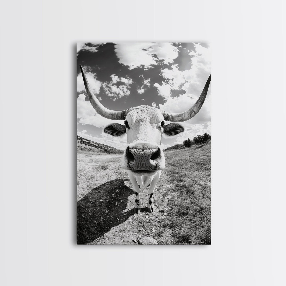 Texas Longhorn Close-up, bull and bear art, western decor, farmhouse art, rustic wall art, cowboy painting, framed canvas print