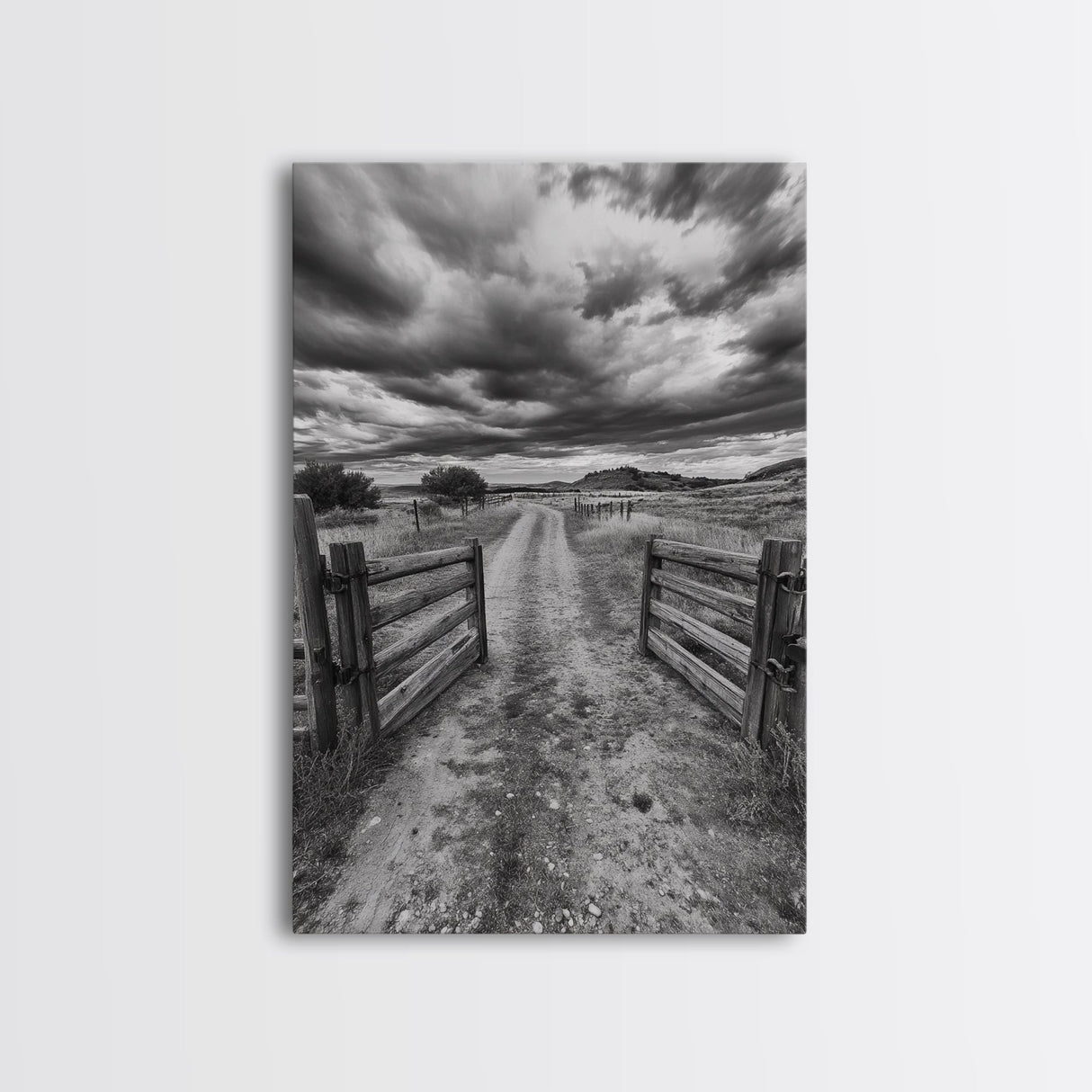 Open Ranch Gate, southwest wall art, moody art, western home decor, rustic art, farmhouse painting, framed canvas print, cowboy aesthetic
