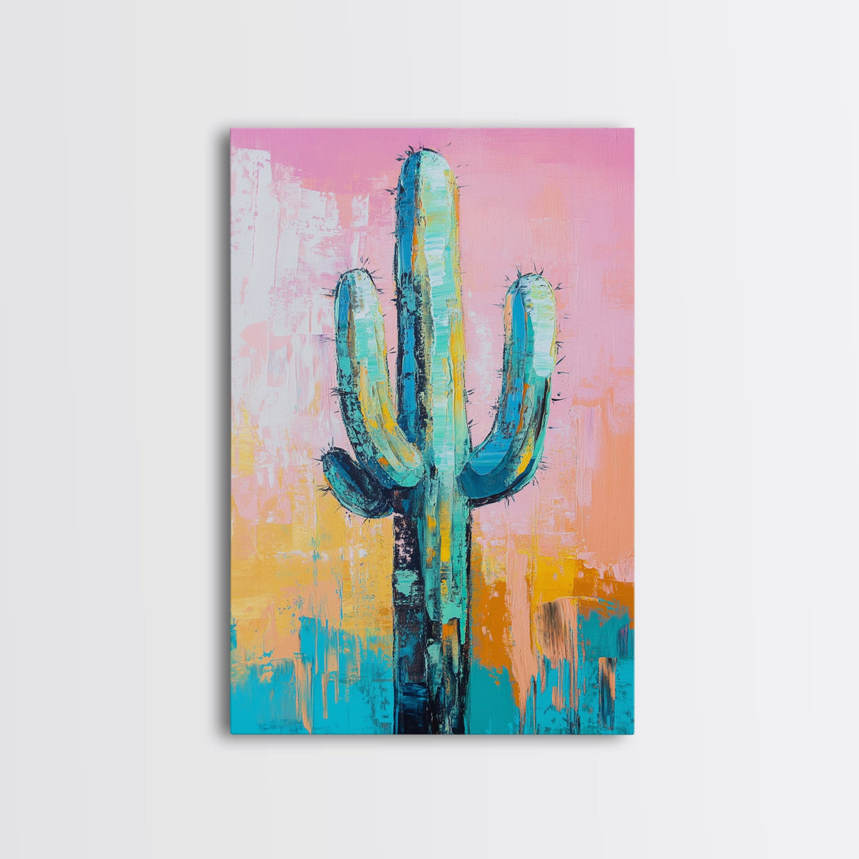 Abstract Cactus Painting, Boho Desert Art, Pink Green Wall Art, Southwest Wall Decor, Framed Canvas Print, Bold Colorful Art