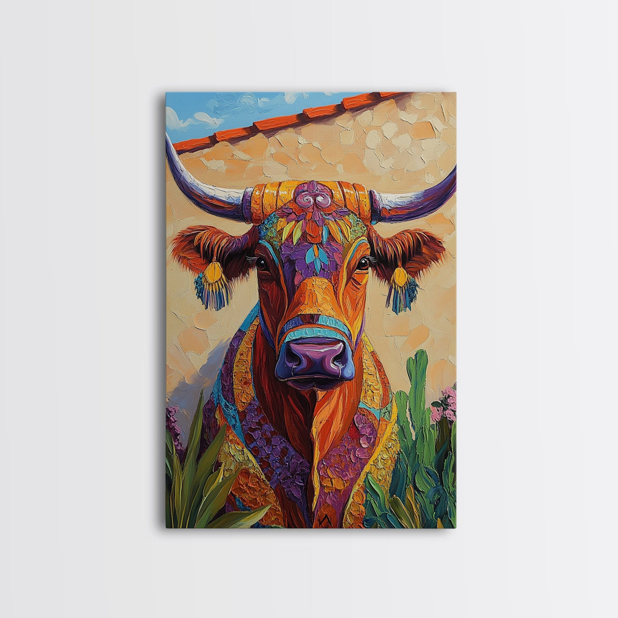 Colorful Bull, Mosaic Wall Art, Chicano Art, Southwest Wall Art, Canvas Print, Farmhouse Art, Rustic Decor, Gift Idea, Boho Art