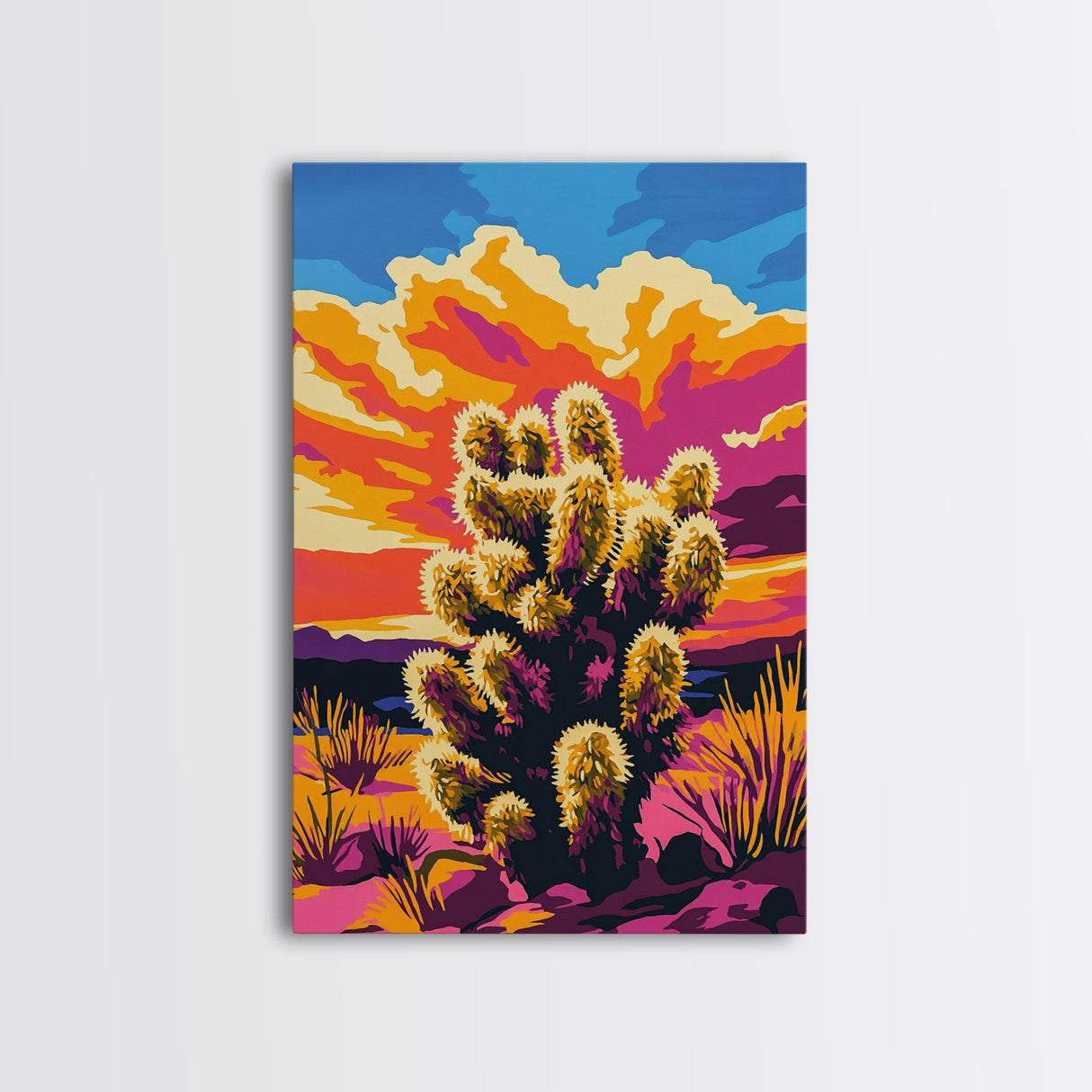 Sunset Cactus, Joshua tree art, pink orange wall art, southwest wall art, gift idea for him, extra wide art, bold colors, Framed Canvas Print