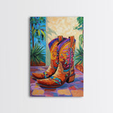 Painted Boots, coastal cowgirl wall art, vibrant rustic decor, colorful western art, cowboy art, southwest wall art, framed canvas print, gift idea