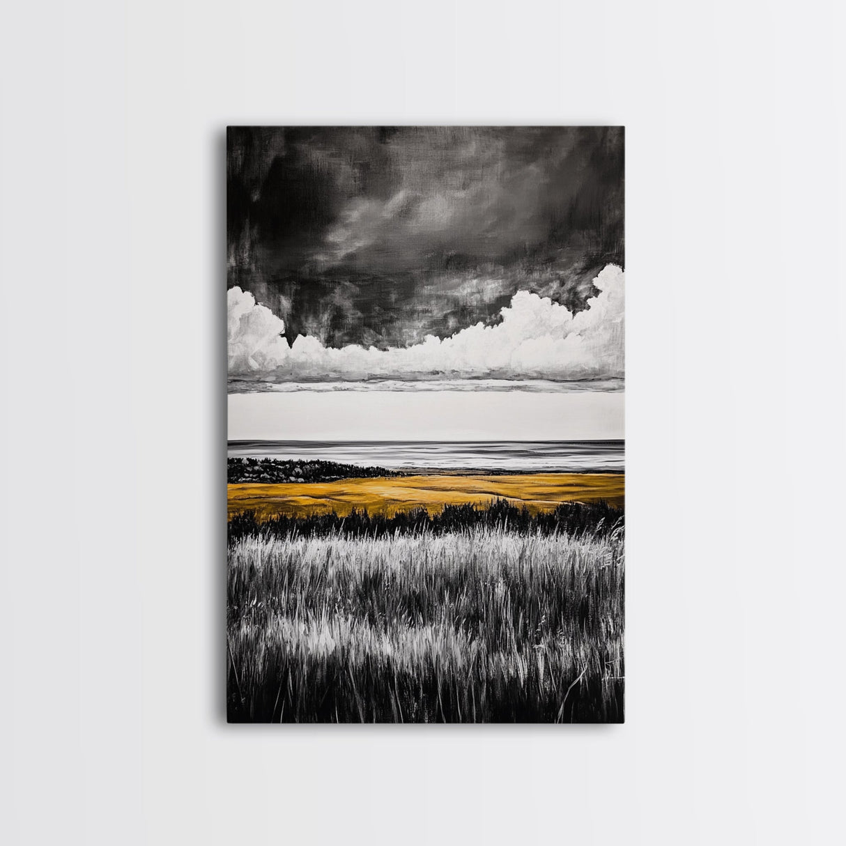 Moody Landscape, dramatic clouds, black and white, gold fields, panoramic art, rustic decor, framed canvas print, extra wide art