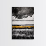 Moody Landscape, dramatic clouds, black and white, gold fields, panoramic art, rustic decor, framed canvas print, extra wide art