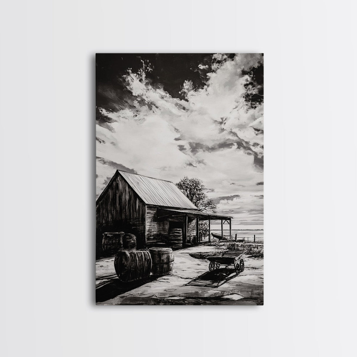 Vintage Barn, Rustic Landscape, Canvas Print, farmhouse art, rustic wall art, barn landscape oil painting, moody art, above couch art, wabi sabi art