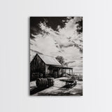 Vintage Barn, Rustic Landscape, Canvas Print, farmhouse art, rustic wall art, barn landscape oil painting, moody art, above couch art, wabi sabi art